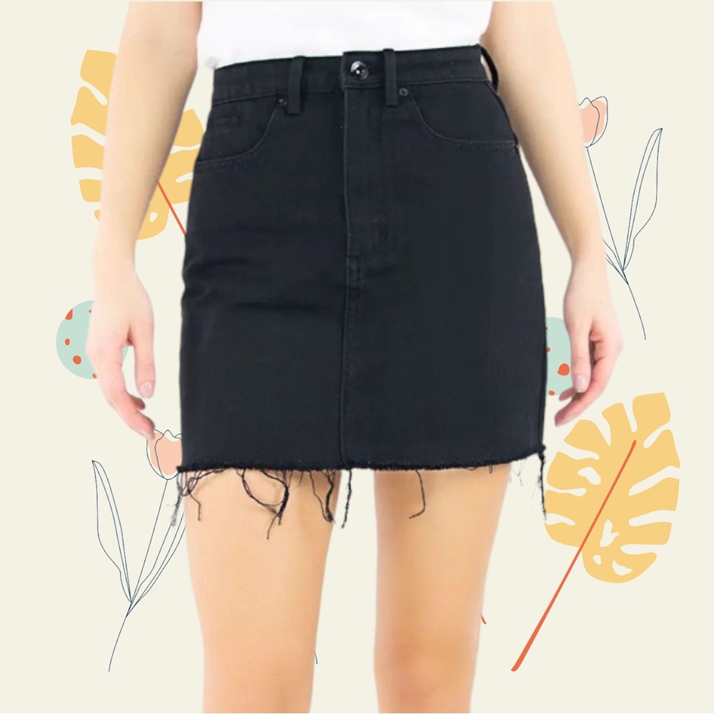 Black Denim Jean Mini Skirt - High Waist - Raw Distressed Hem - SZ 25 NWOT